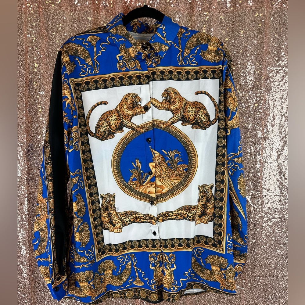 Blue Tiger printed button down top, size medium